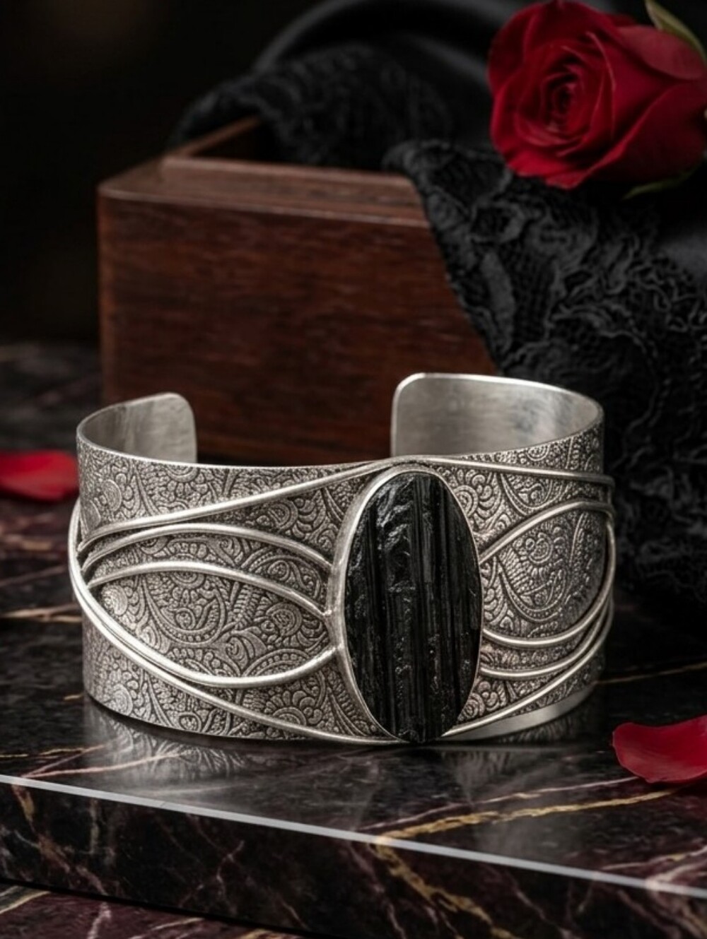 Sterling Silver Raw Black Tourmaline Wide Cuff Bracelet Whimsigoth Adjustable